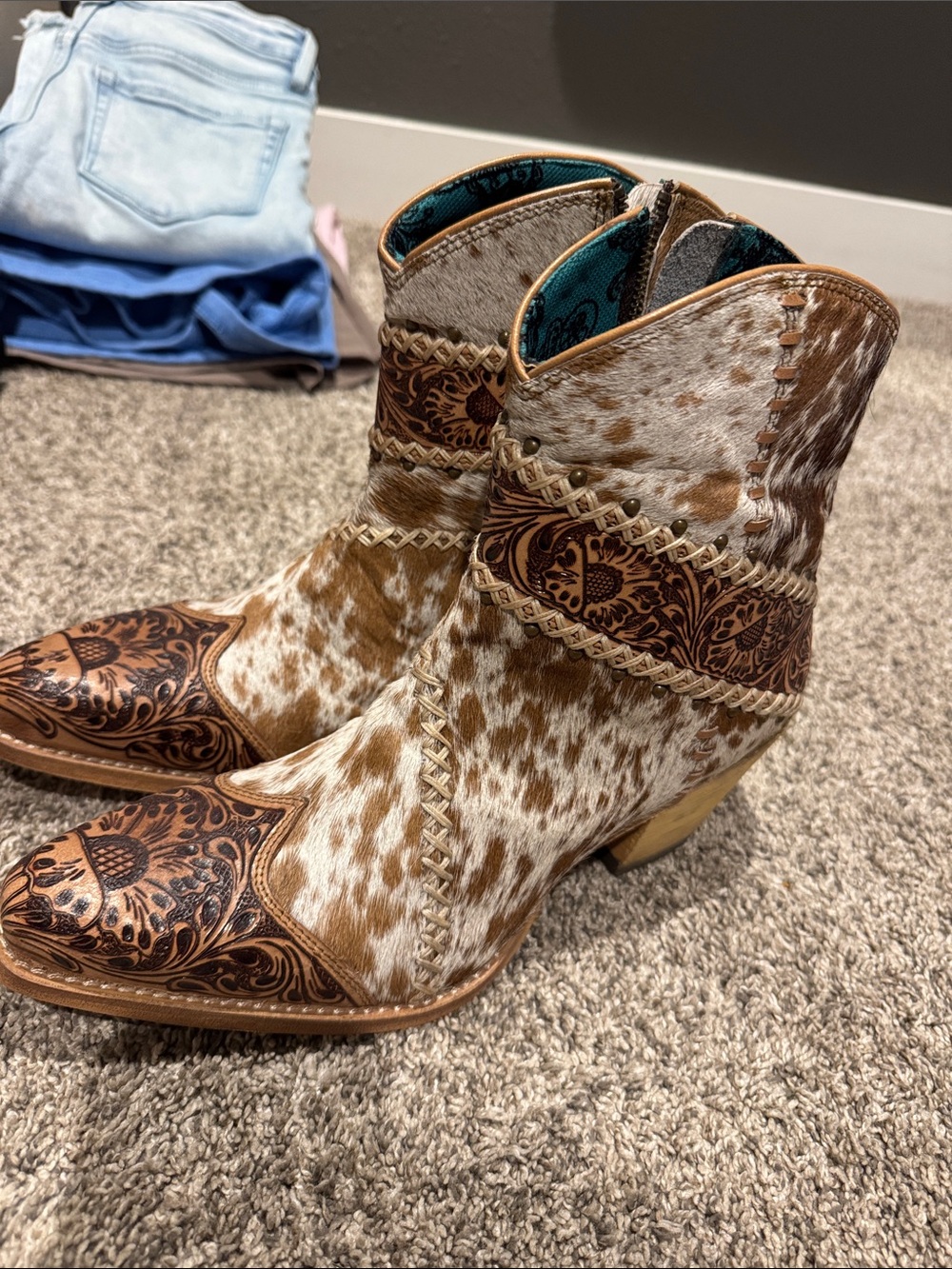 Myra Bag Brown and White Cowhide Western Ankle Boots with Tooled Leather